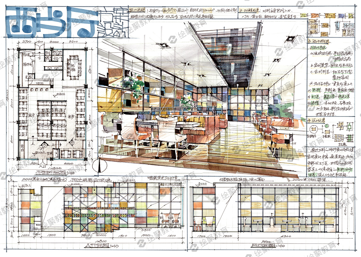 餐饮空间考研快题设计作品-绘聚名师秦瑞虎 - 绘聚教育